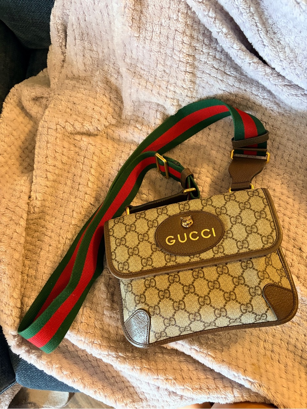 Gucci Beige GG Canvas Crossbody with Green-Red Web Strap
